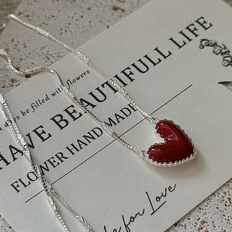 S925 Sterling Silver Red Heart Enamel Necklace