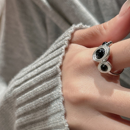S925 Sterling Silver Black Onyx Open Ring