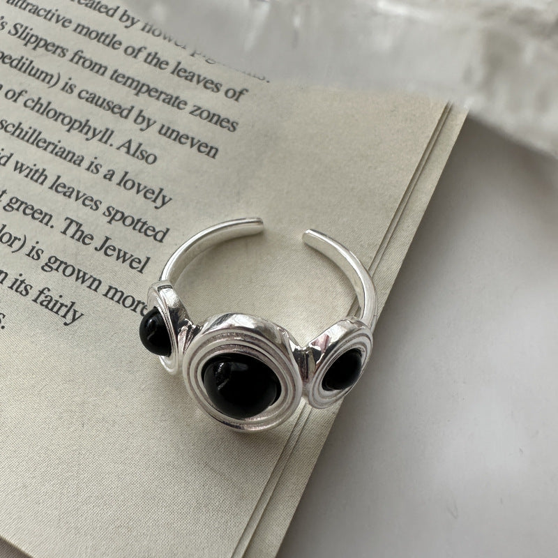 S925 Sterling Silver Black Onyx Open Ring