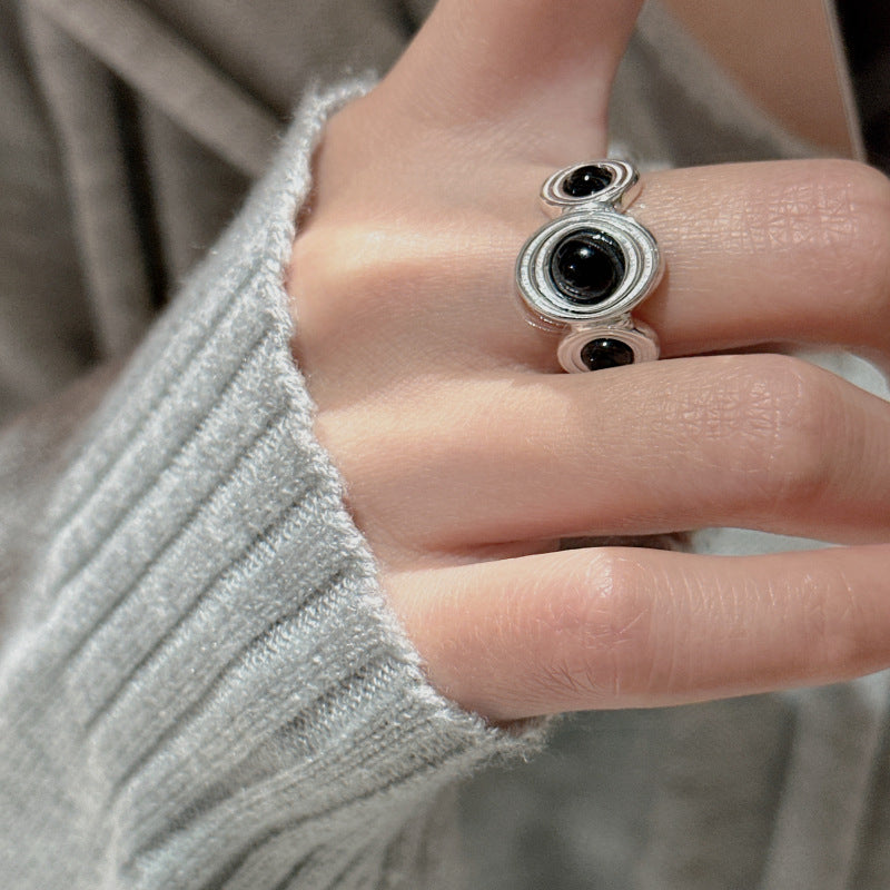 S925 Sterling Silver Black Onyx Open Ring