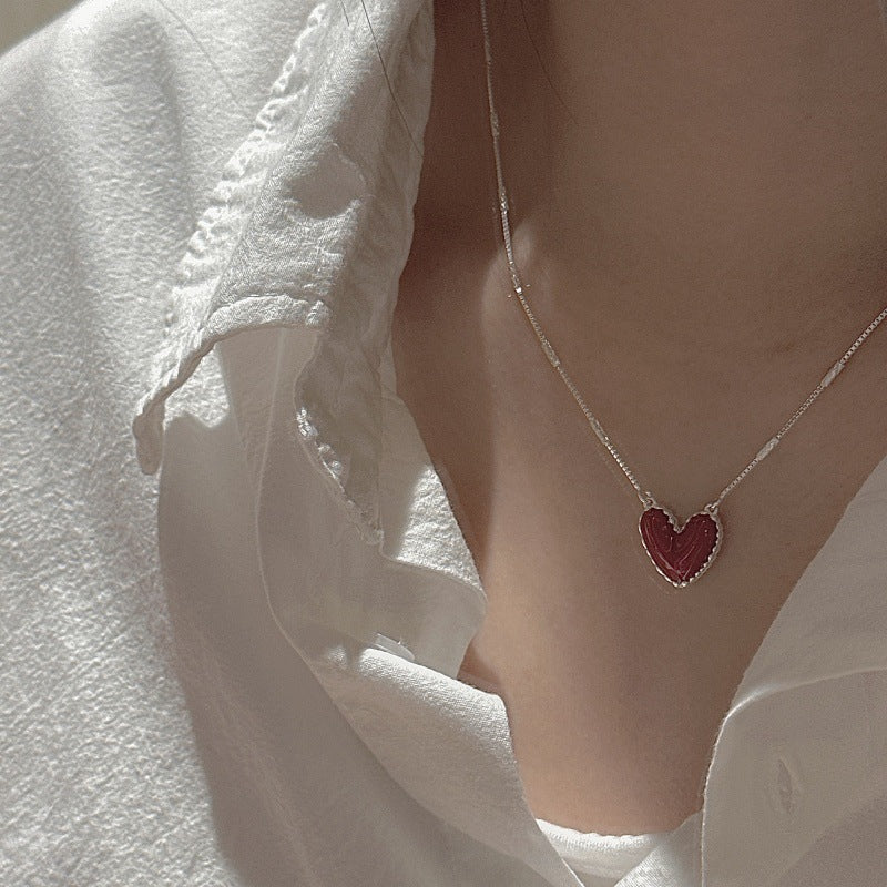 S925 Sterling Silver Red Heart Enamel Necklace