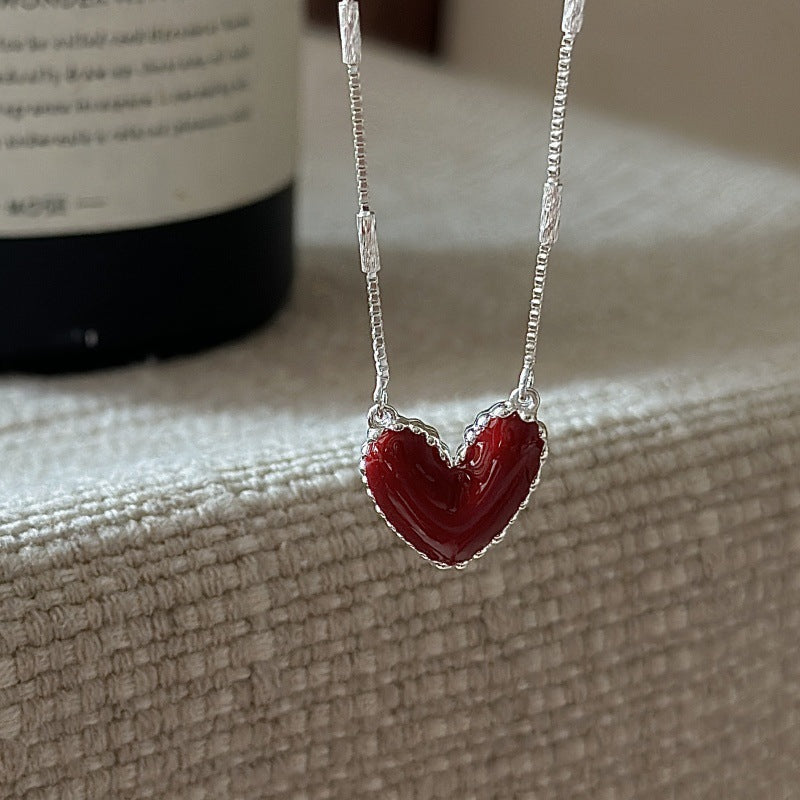 S925 Sterling Silver Red Heart Enamel Necklace