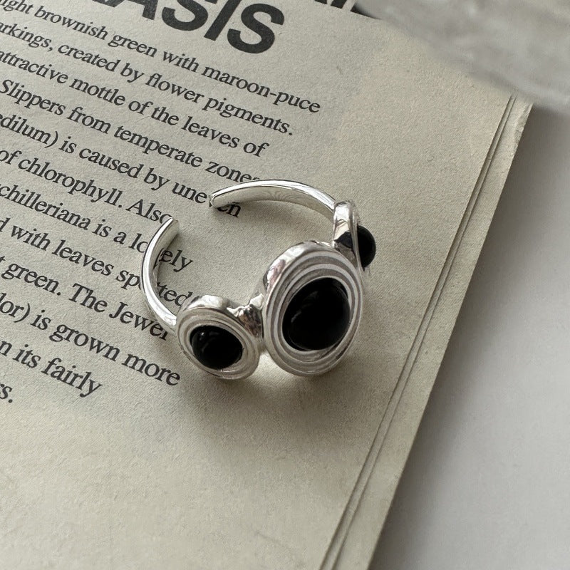 S925 Sterling Silver Black Onyx Open Ring